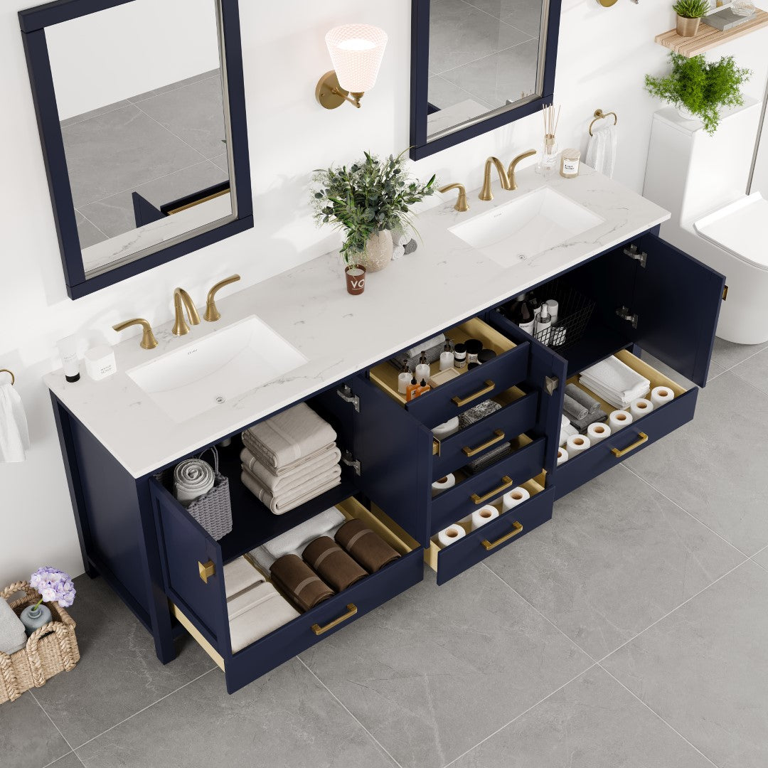 Aberdeen 84 in. Blue Double Sink Bath Vanity with Carrara Quartz Top and Undermount Porcelain Sinks