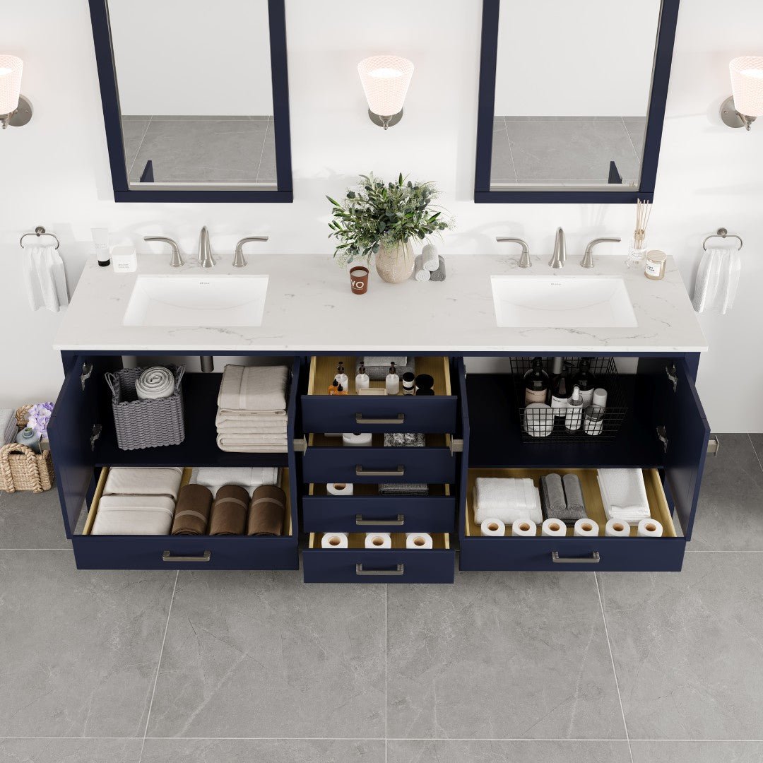 Aberdeen 84 in. Blue Double Sink Bath Vanity with Carrara Quartz Top and Undermount Porcelain Sinks - Bathroom Vanity by Eviva