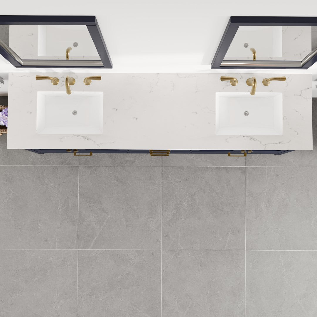 Aberdeen 84 in. Blue Double Sink Bath Vanity with Carrara Quartz Top and Undermount Porcelain Sinks