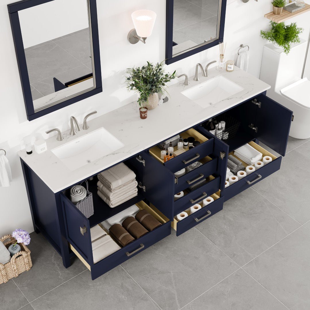 Aberdeen 84 in. Blue Double Sink Bath Vanity with Carrara Quartz Top and Undermount Porcelain Sinks - Bathroom Vanity by Eviva