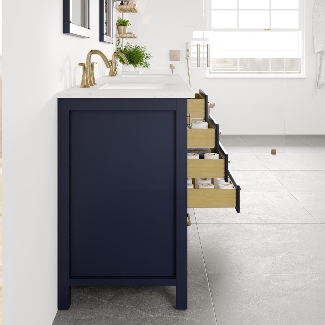 Aberdeen 84 in. Blue Double Sink Bath Vanity with Carrara Quartz Top and Undermount Porcelain Sinks