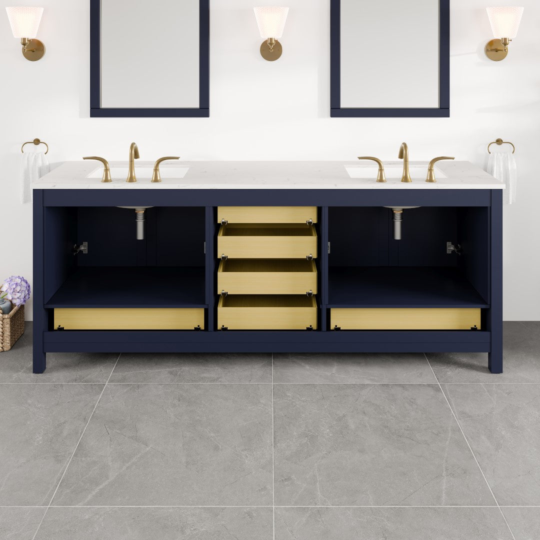Aberdeen 84 in. Blue Double Sink Bath Vanity with Carrara Quartz Top and Undermount Porcelain Sinks