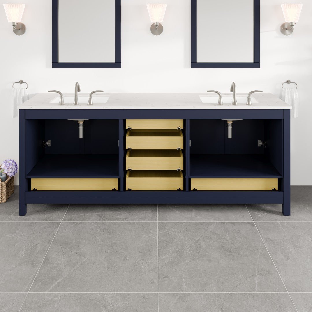 Aberdeen 84 in. Blue Double Sink Bath Vanity with Carrara Quartz Top and Undermount Porcelain Sinks - Bathroom Vanity by Eviva