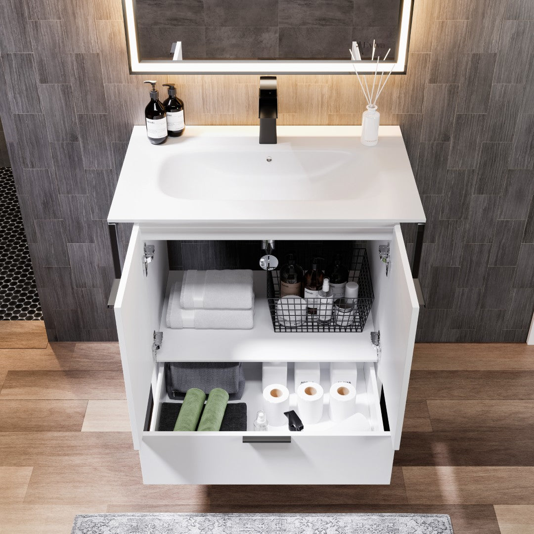 Onyx 26 in. White Wall Mount Single Sink Bath Vanity with Solid Surface Top and Integrated Sink