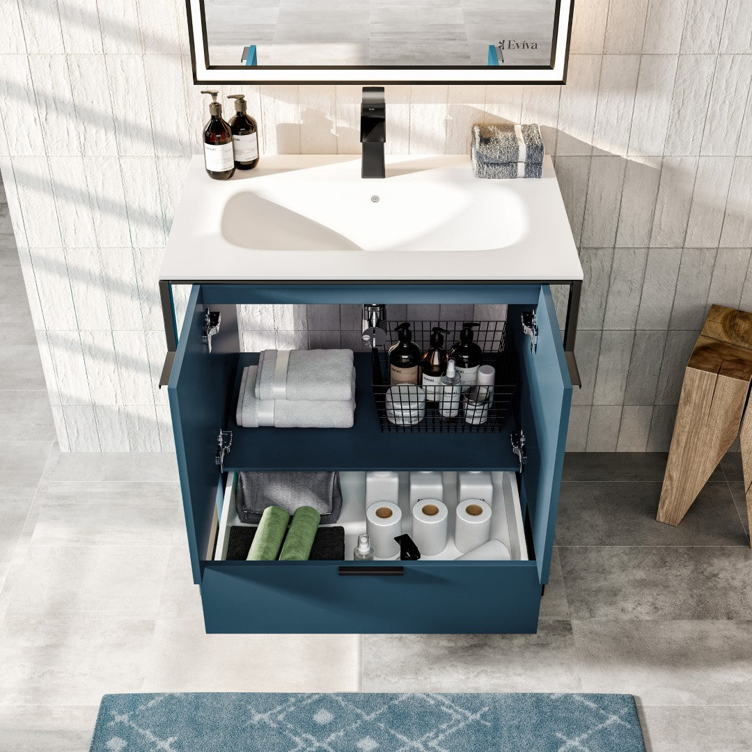 Onyx 26 in. Blue Wall Mount Single Sink Bath Vanity with Solid Surface Top and Integrated Sink
