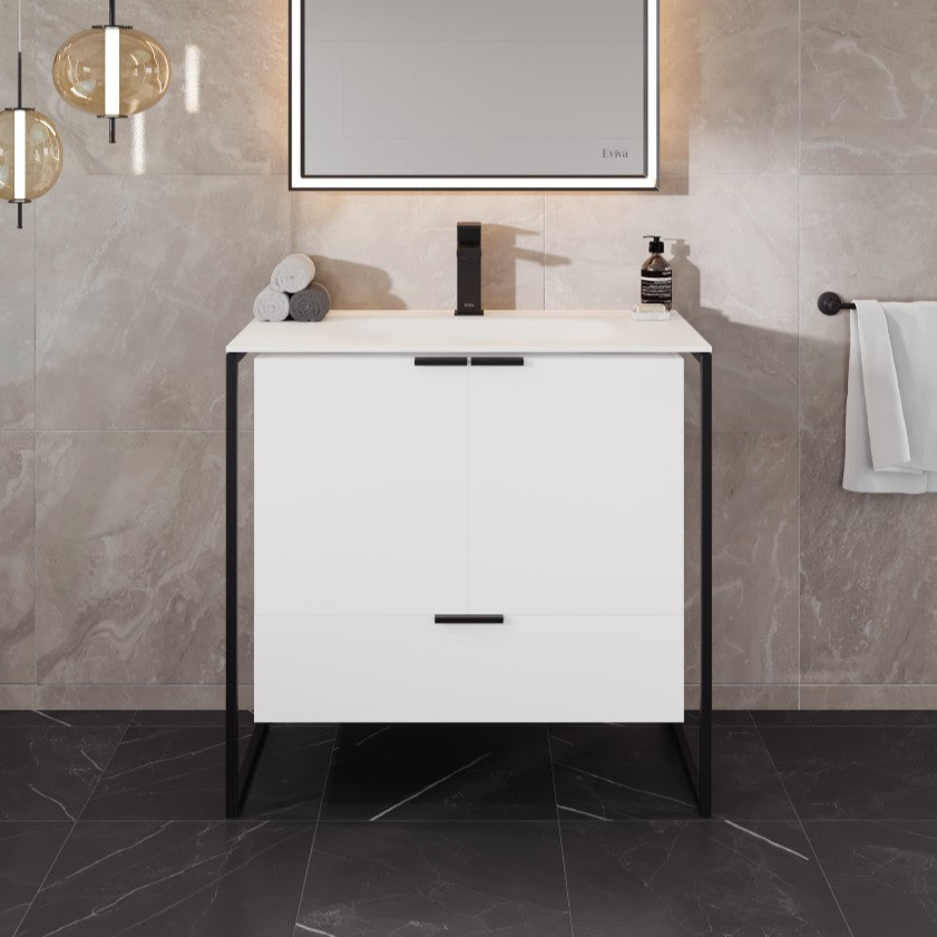 Onyx 34 in. White Wall Mount Single Sink Bath Vanity with Solid Surface Top and Integrated Sink