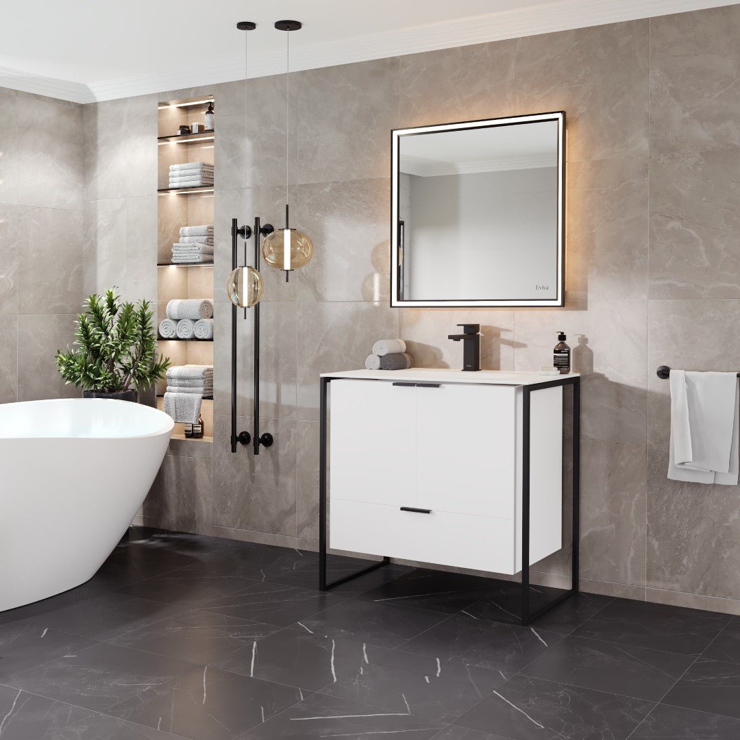 Onyx 34 in. White Wall Mount Single Sink Bath Vanity with Solid Surface Top and Integrated Sink - Bathroom Vanity by Eviva