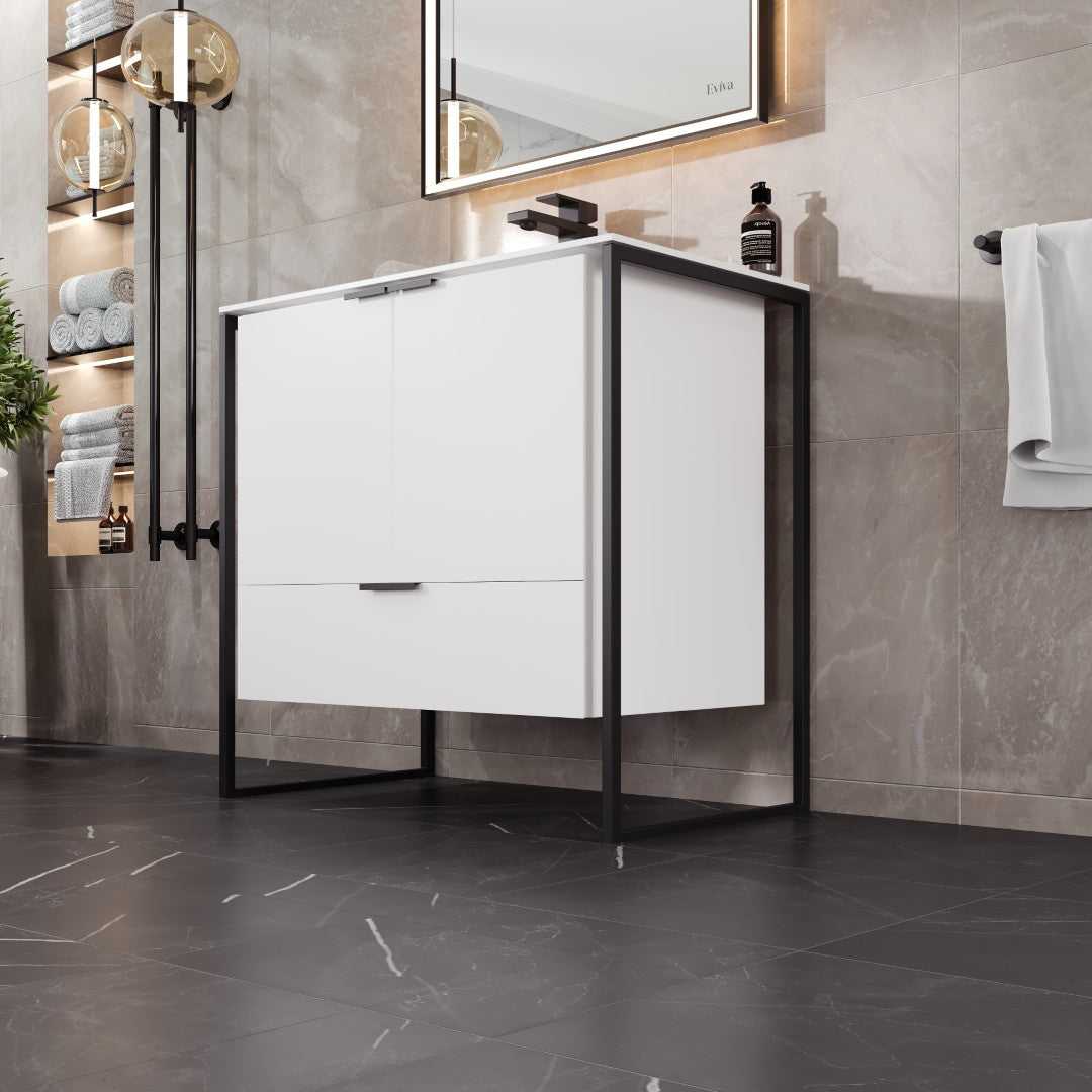 Onyx 34 in. White Wall Mount Single Sink Bath Vanity with Solid Surface Top and Integrated Sink