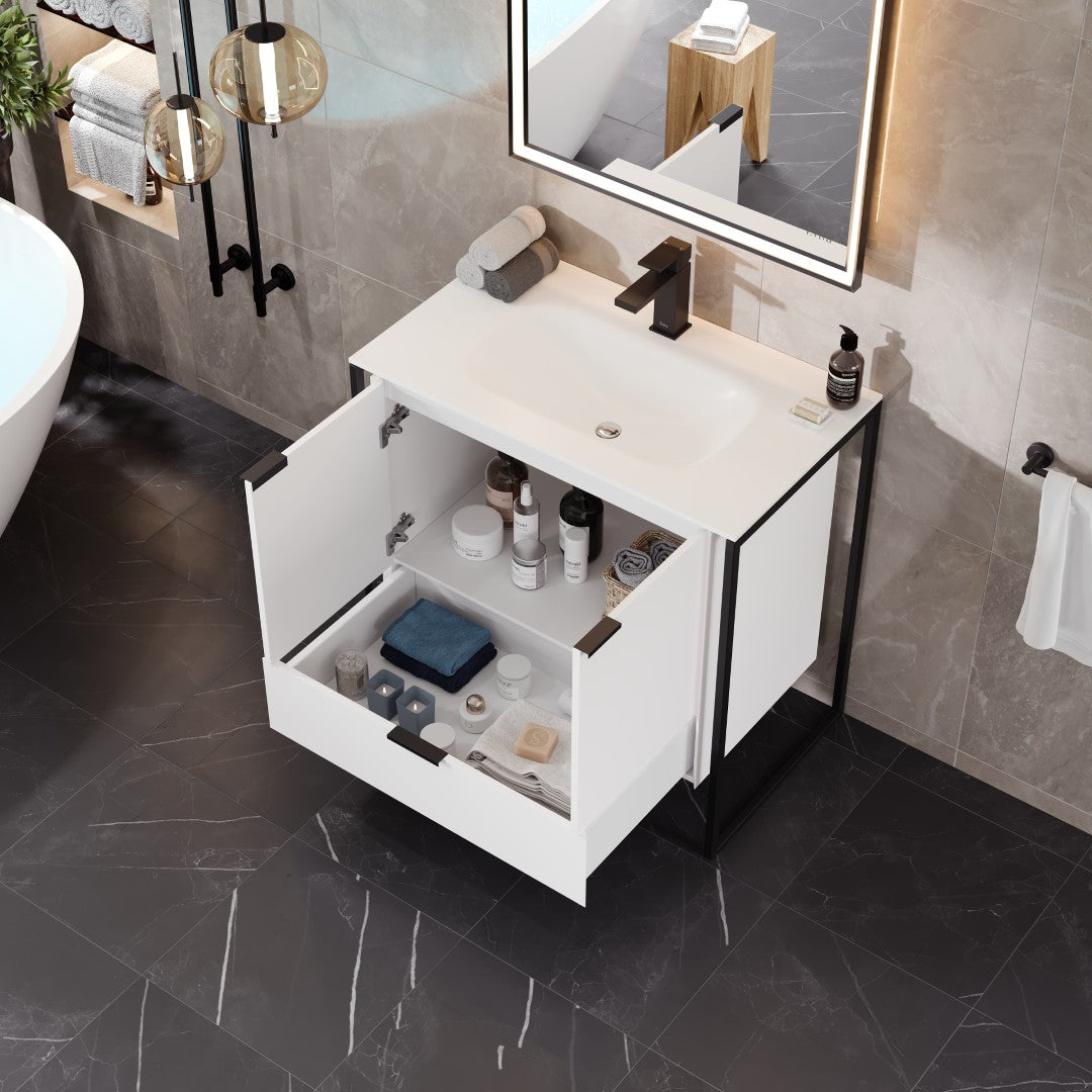 Onyx 34 in. White Wall Mount Single Sink Bath Vanity with Solid Surface Top and Integrated Sink
