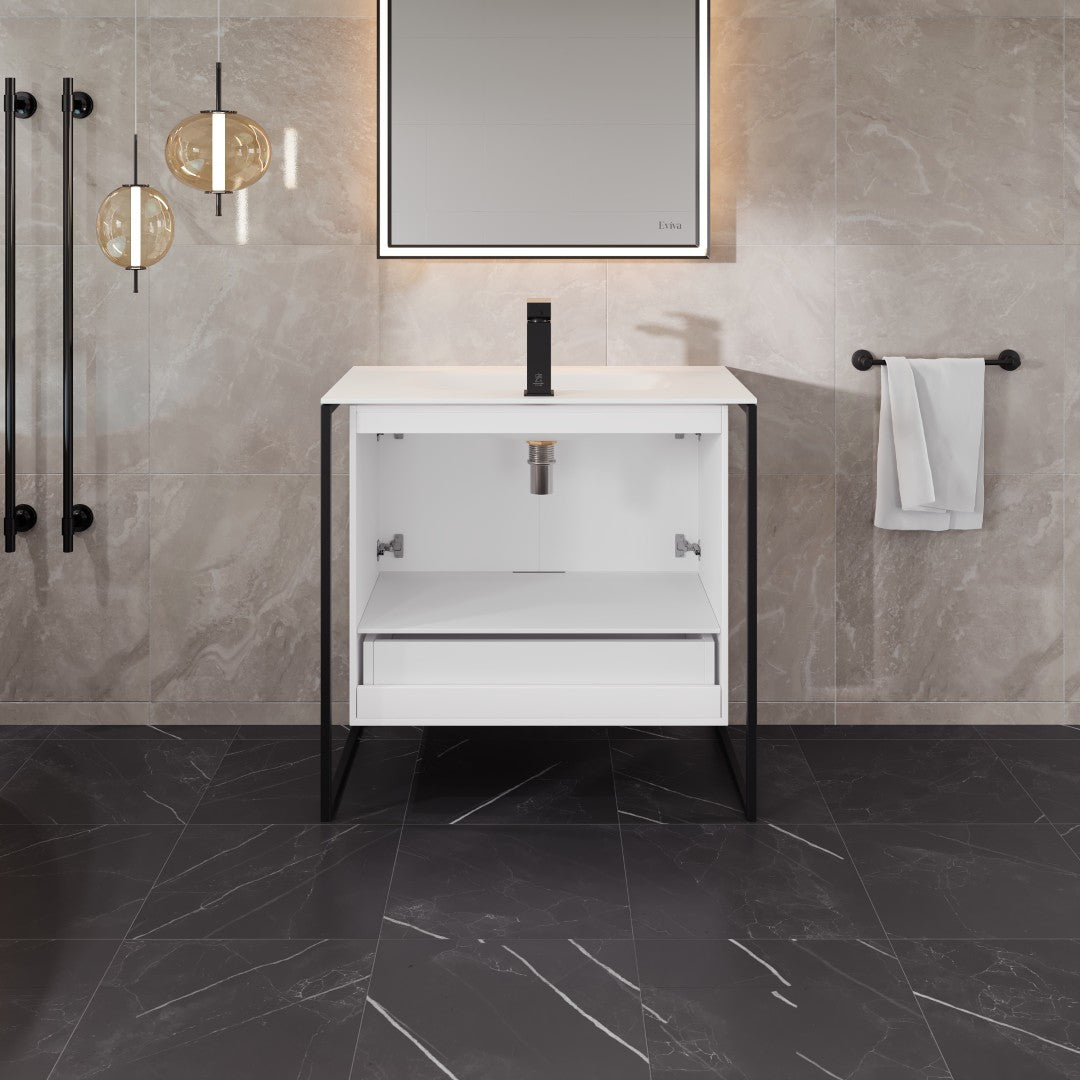 Onyx 34 in. White Wall Mount Single Sink Bath Vanity with Solid Surface Top and Integrated Sink