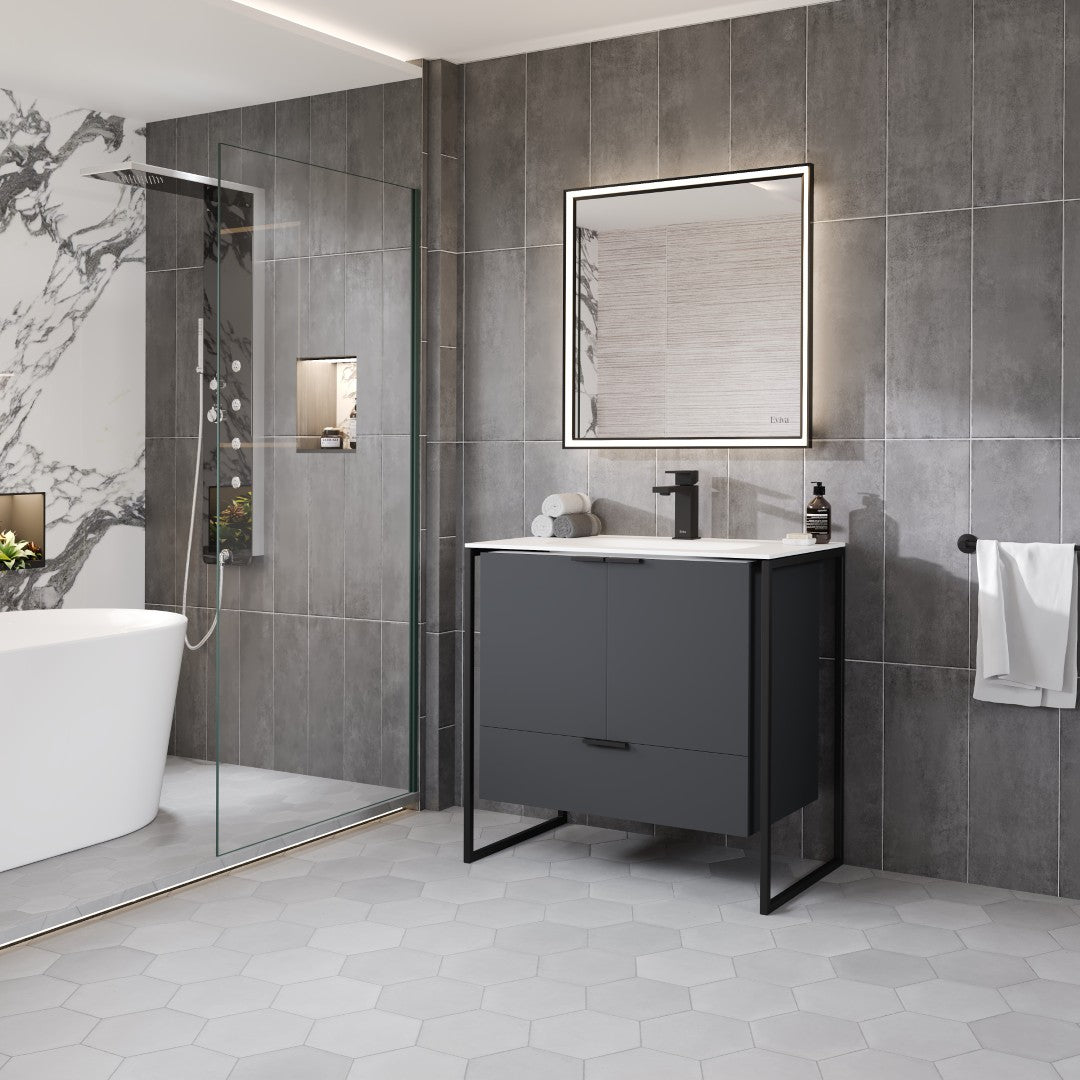 Onyx 34 in. Gray Wall Mount Single Sink Bath Vanity with Solid Surface Top and Integrated Sink