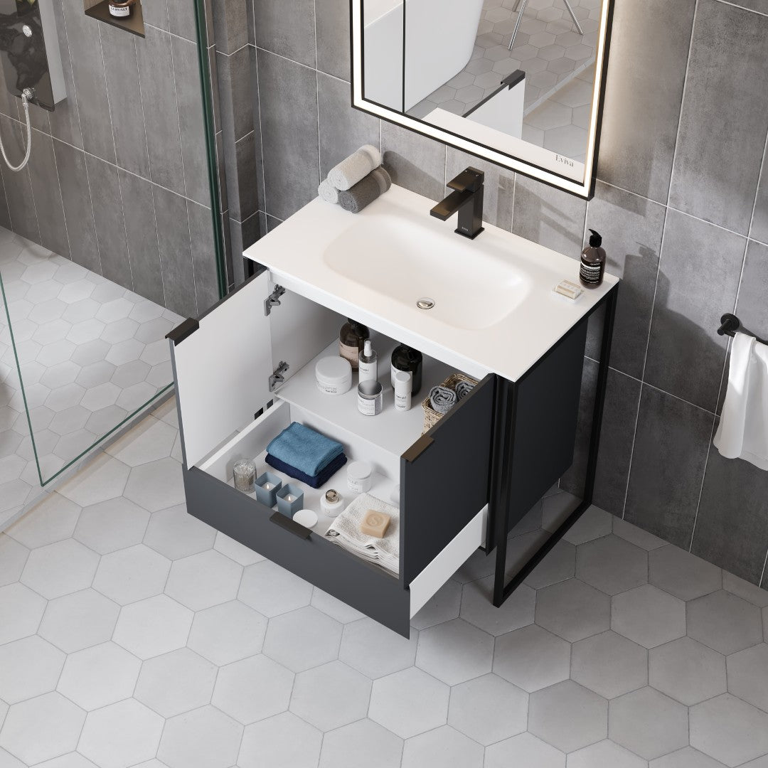 Onyx 34 in. Gray Wall Mount Single Sink Bath Vanity with Solid Surface Top and Integrated Sink