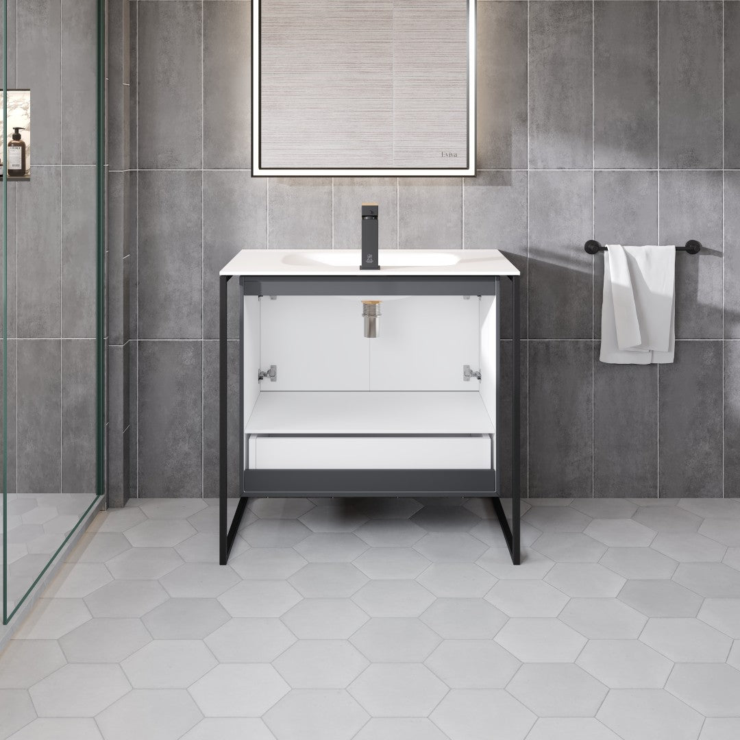 Onyx 34 in. Gray Wall Mount Single Sink Bath Vanity with Solid Surface Top and Integrated Sink