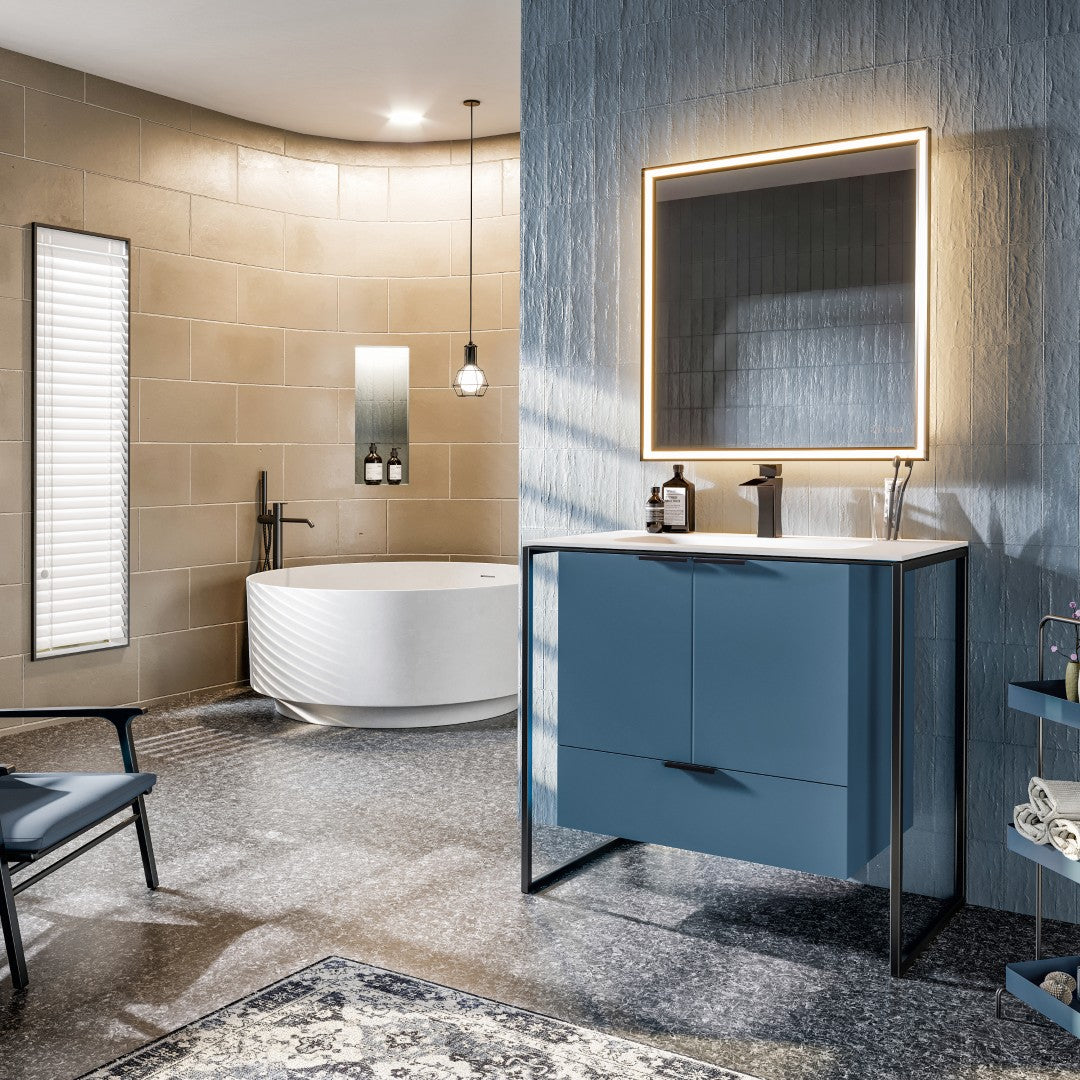 Onyx 34 in. Blue Wall Mount Single Sink Bath Vanity with Solid Surface Top and Integrated Sink