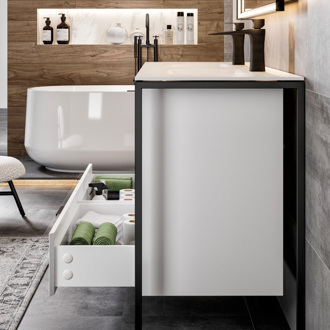 Onyx 48 in. White Wall Mount Double Sink Bath Vanity with Solid Surface Top and Integrated Sinks - Bathroom Vanity by Eviva