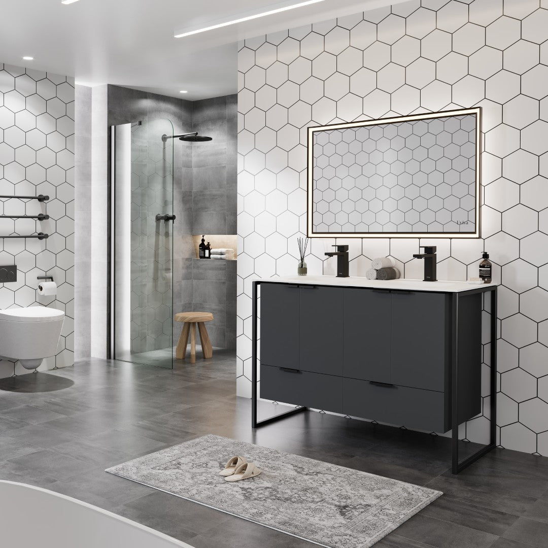 Onyx 48 in. Gray Wall Mount Double Sink  Bath Vanity with Solid Surface Top and Integrated Sinks