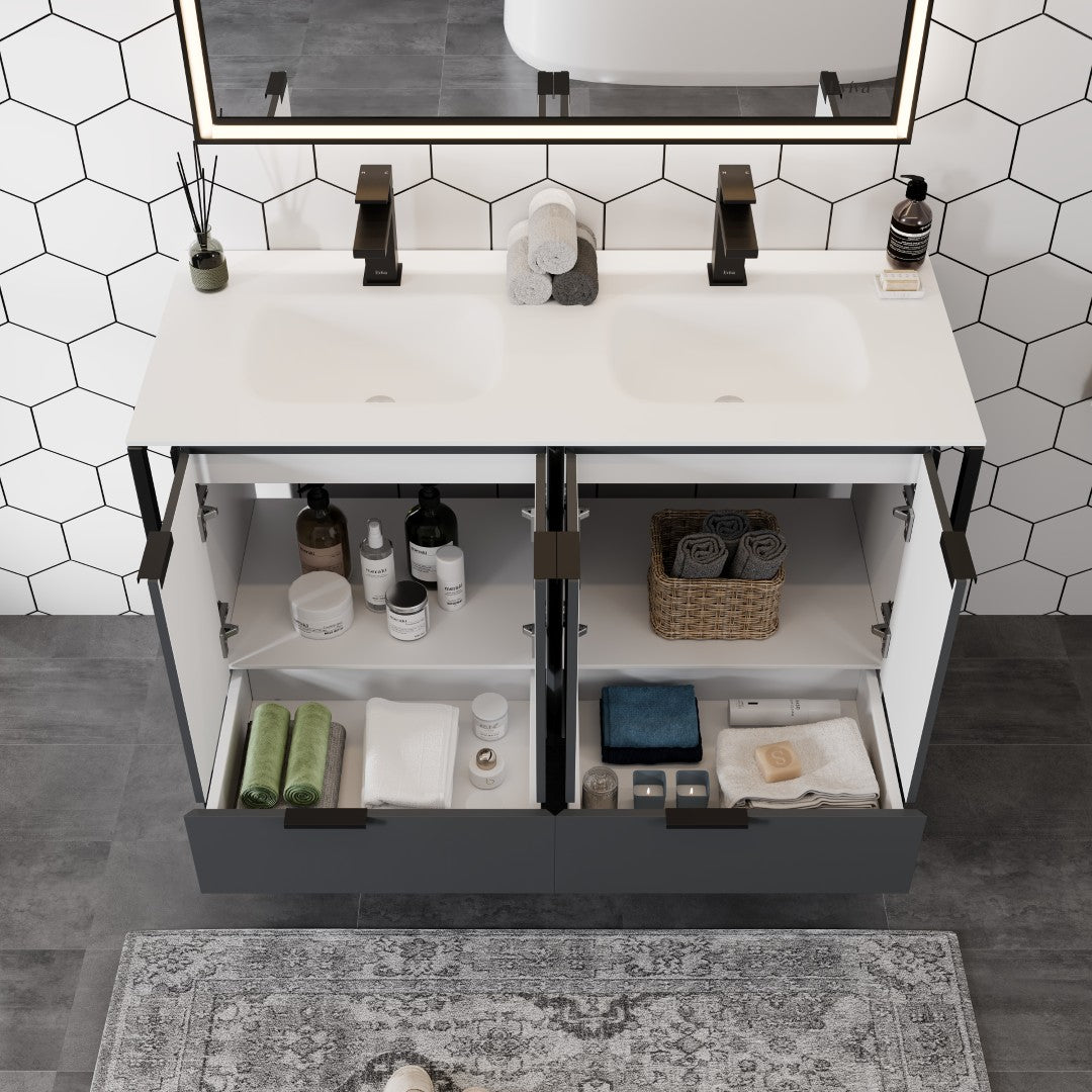 Onyx 48 in. Gray Wall Mount Double Sink  Bath Vanity with Solid Surface Top and Integrated Sinks