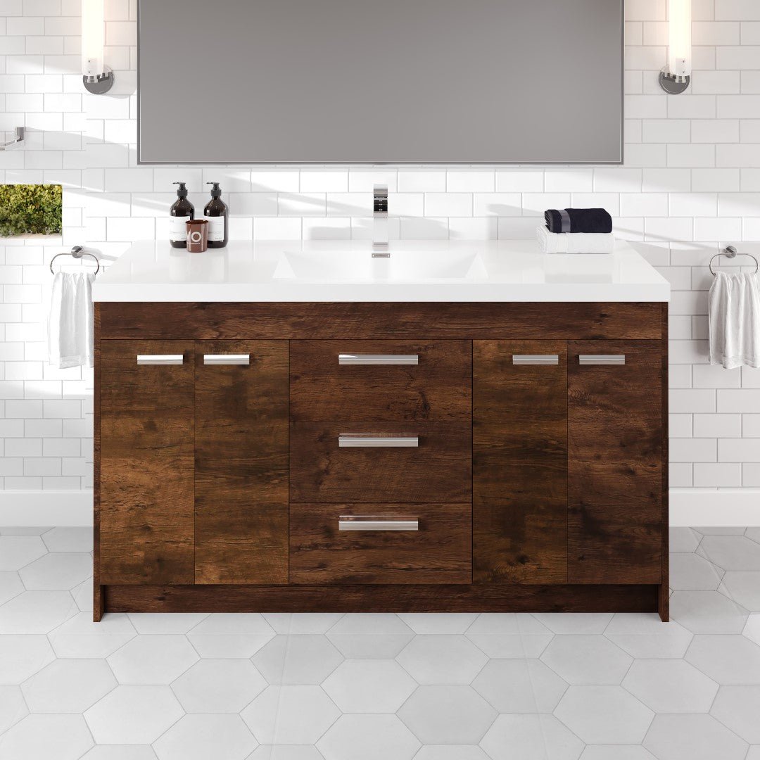 Lugano 60 in. Rosewood Single Sink Bath Vanity with Acrylic Top and Integrated Sink - Bathroom Vanity by Eviva