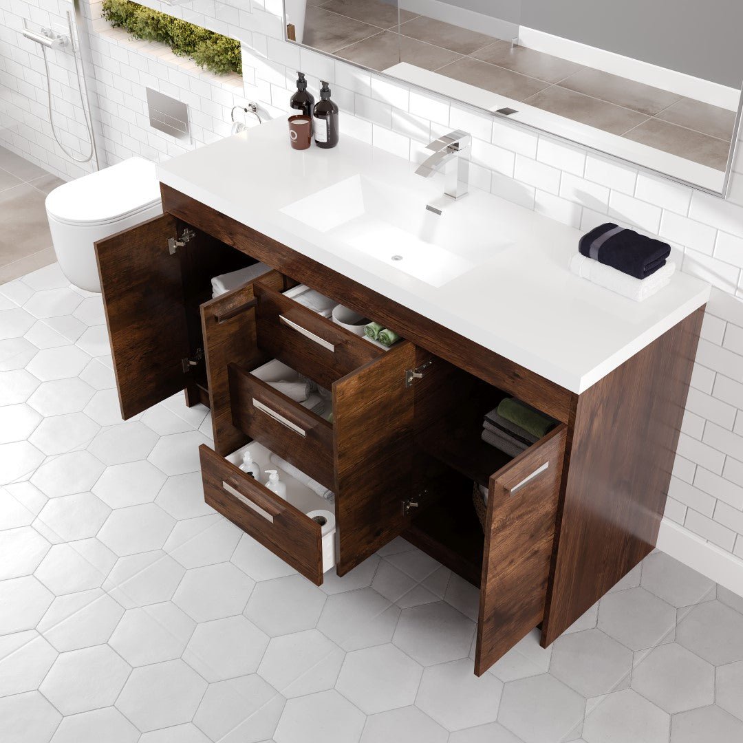 Lugano 60 in. Rosewood Single Sink Bath Vanity with Acrylic Top and Integrated Sink - Bathroom Vanity by Eviva