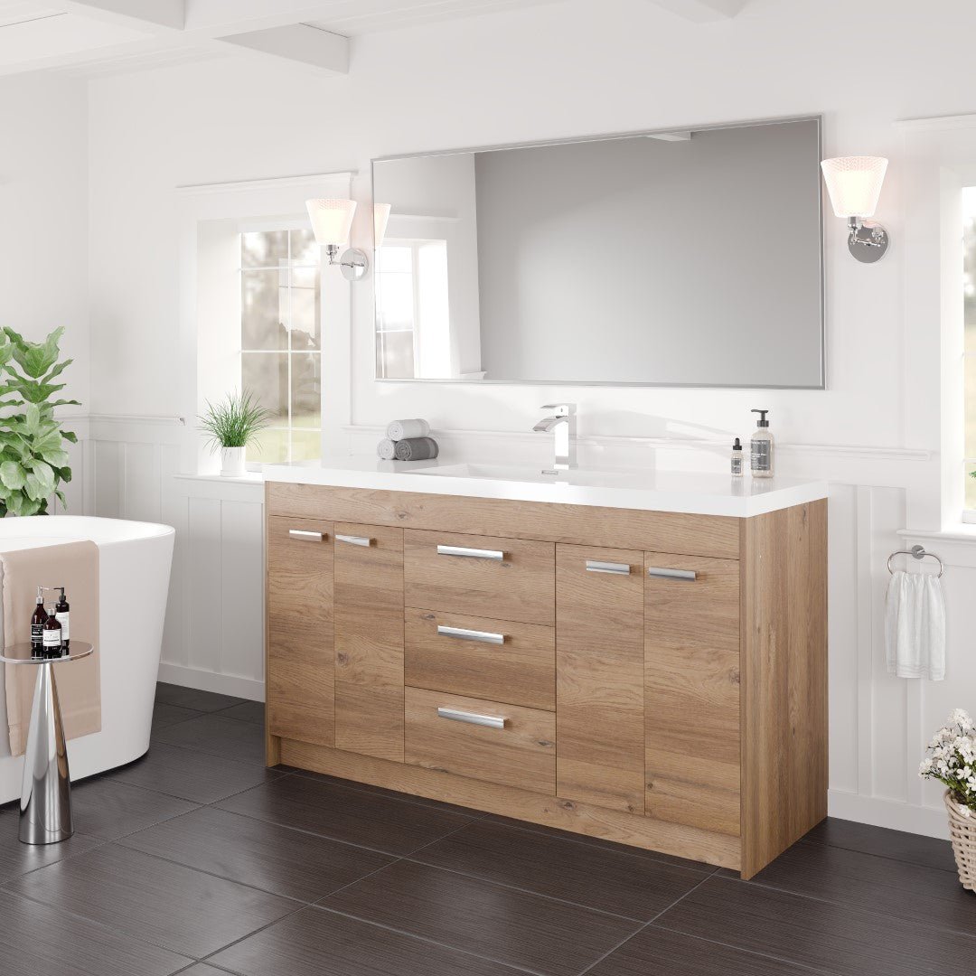 Lugano 60 in. Natural Oak Single Sink Bath Vanity with Acrylic Top and Integrated Sink - Bathroom Vanity by Eviva