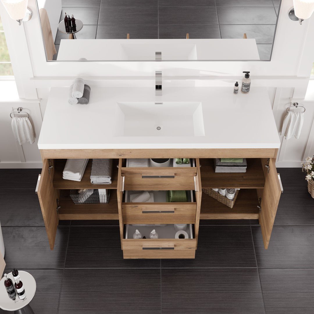 Lugano 60 in. Natural Oak Single Sink Bath Vanity with Acrylic Top and Integrated Sink - Bathroom Vanity by Eviva