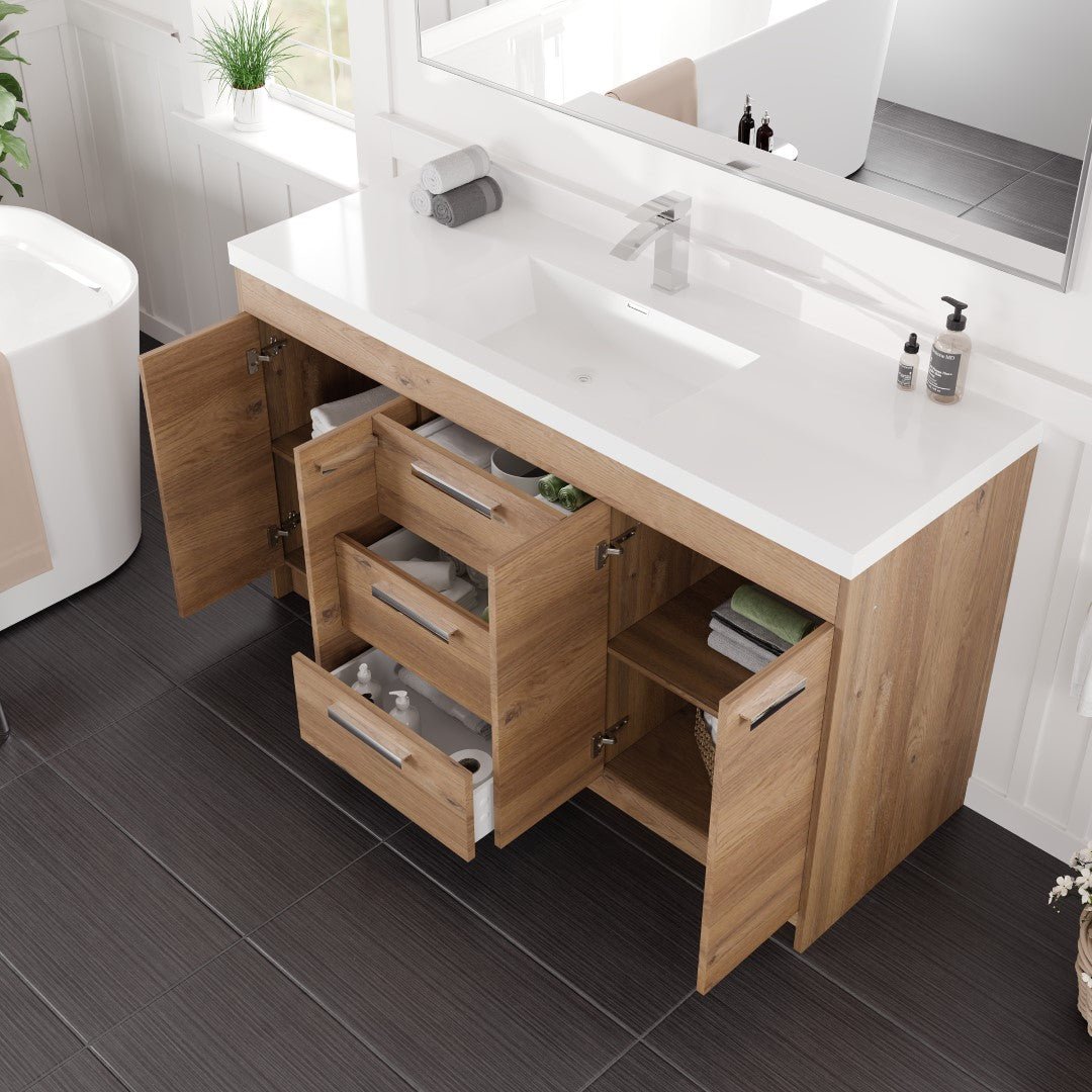 Lugano 60 in. Natural Oak Single Sink Bath Vanity with Acrylic Top and Integrated Sink - Bathroom Vanity by Eviva
