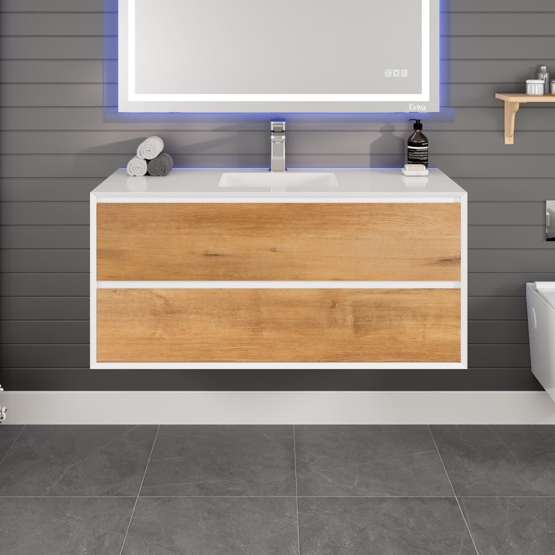 Vienna 48 in. WH Oak Wall Mount Single Sink Bath Vanity with Acrylic Top and Integrated Sink - Bathroom Vanity by Eviva
