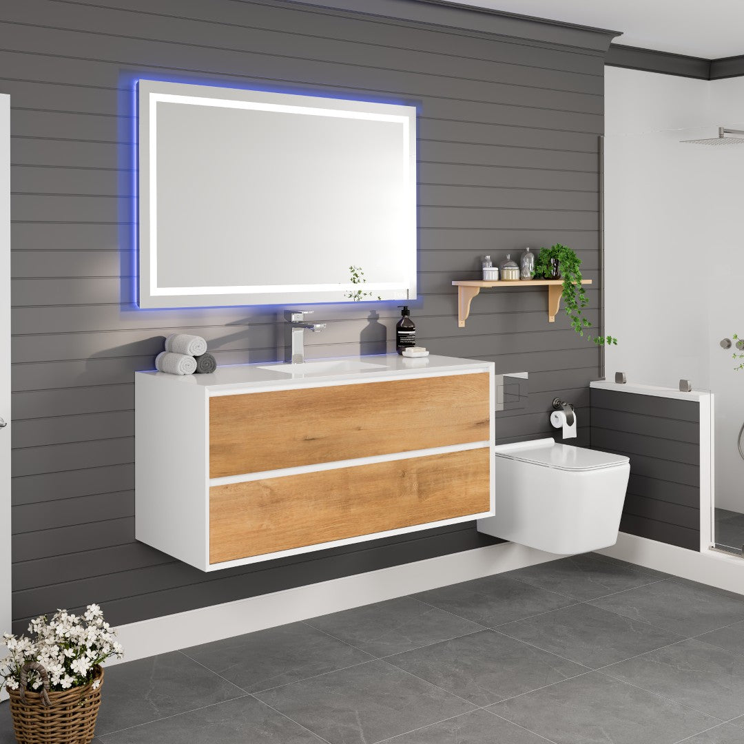 Vienna 48 in. WH Oak Wall Mount Single Sink Bath Vanity with Acrylic Top and Integrated Sink