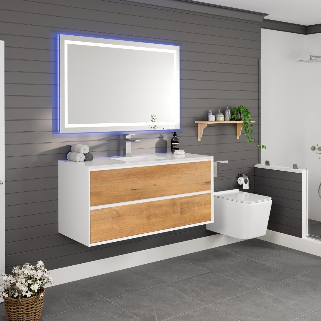 Vienna 48 in. WH Oak Wall Mount Single Sink Bath Vanity with Acrylic Top and Integrated Sink - Bathroom Vanity by Eviva