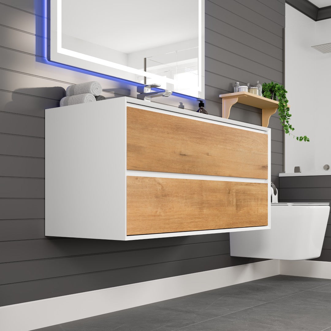 Vienna 48 in. WH Oak Wall Mount Single Sink Bath Vanity with Acrylic Top and Integrated Sink
