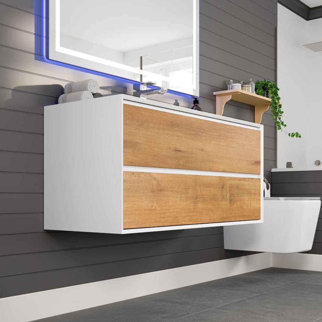 Vienna 48 in. WH Oak Wall Mount Single Sink Bath Vanity with Acrylic Top and Integrated Sink - Bathroom Vanity by Eviva