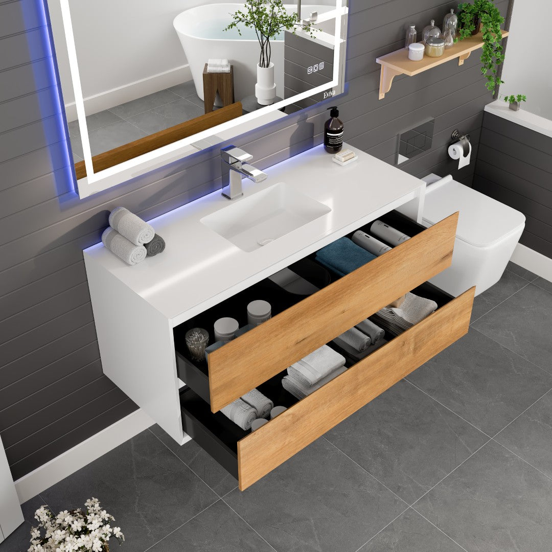 Vienna 48 in. WH Oak Wall Mount Single Sink Bath Vanity with Acrylic Top and Integrated Sink