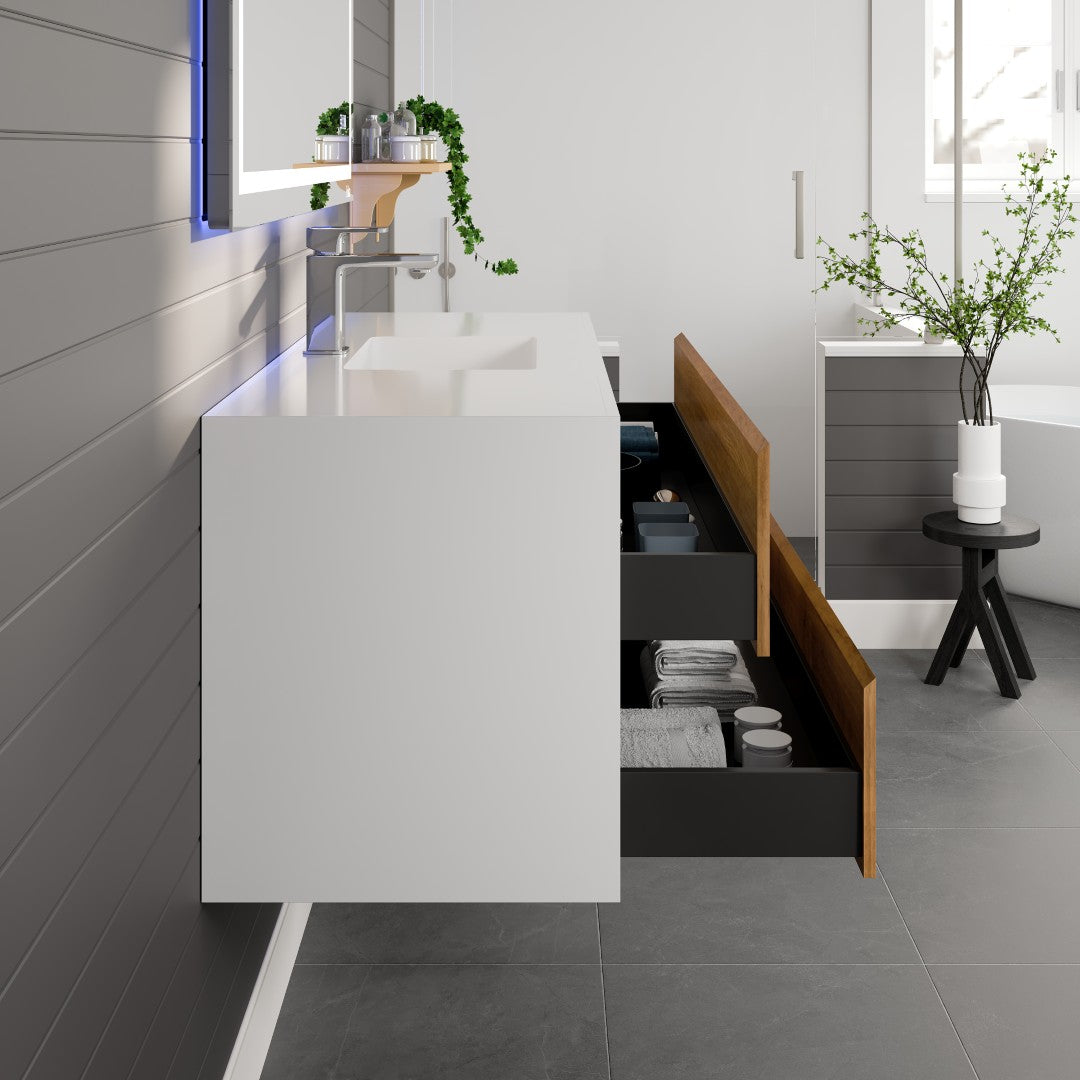 Vienna 48 in. WH Oak Wall Mount Single Sink Bath Vanity with Acrylic Top and Integrated Sink