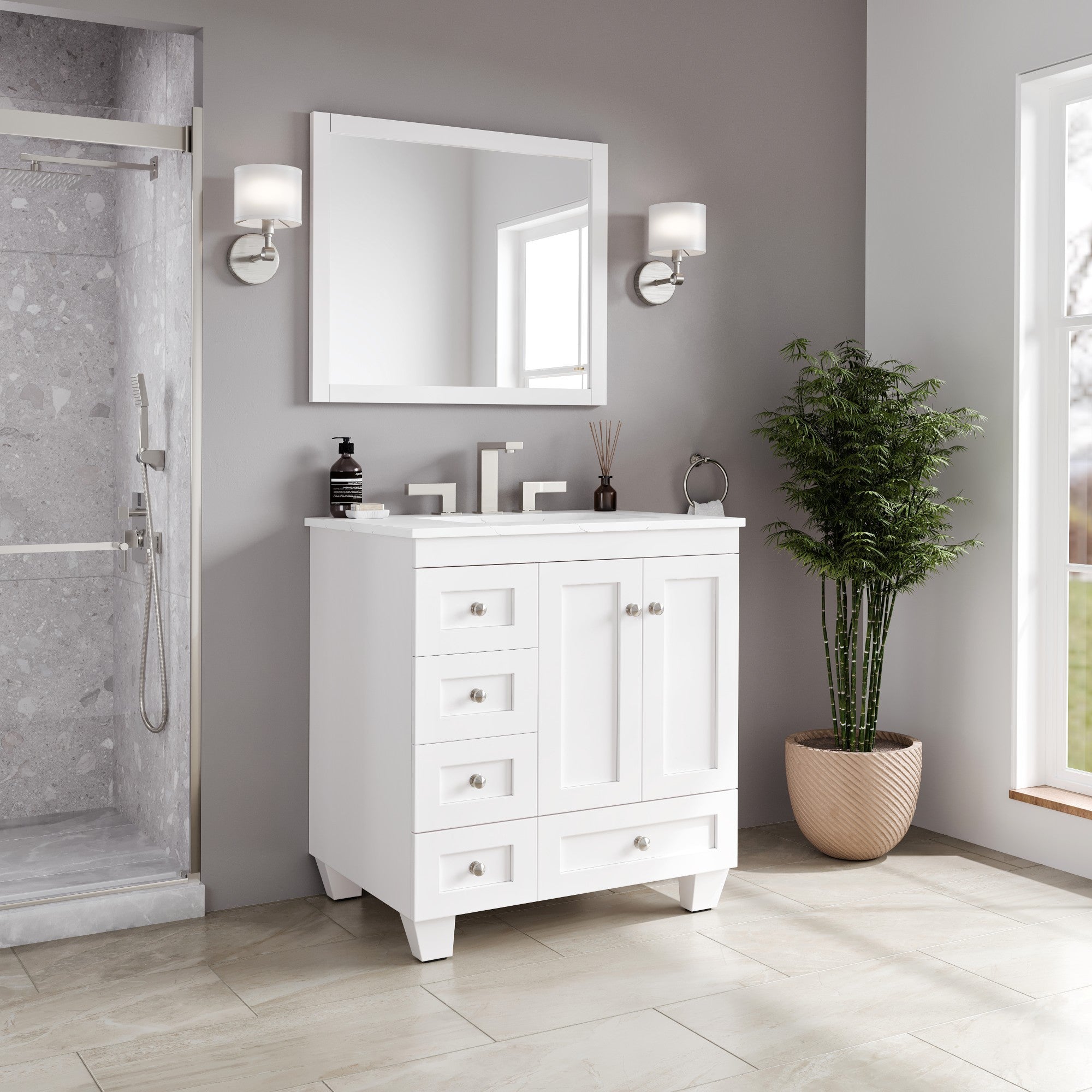 Acclaim 30 in. White Single Right Sink Bath Vanity with Carrara Quartz Top and Undermount Porcelain Sink