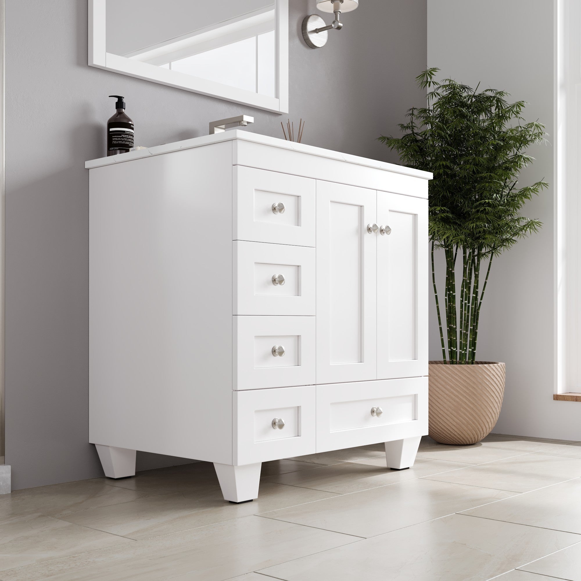 Acclaim 30 in. White Single Right Sink Bath Vanity with Carrara Quartz Top and Undermount Porcelain Sink