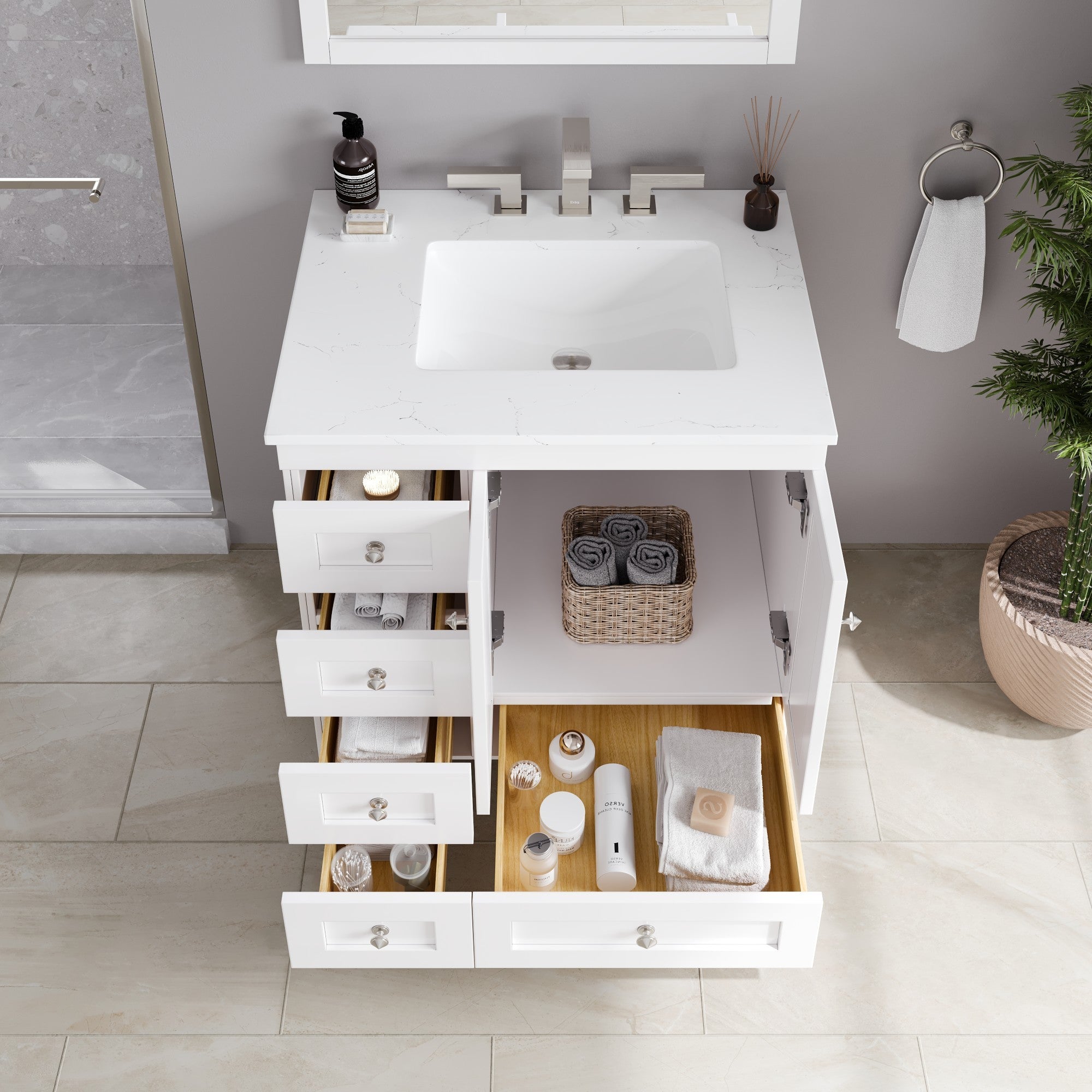 Acclaim 30 in. White Single Right Sink Bath Vanity with Carrara Quartz Top and Undermount Porcelain Sink