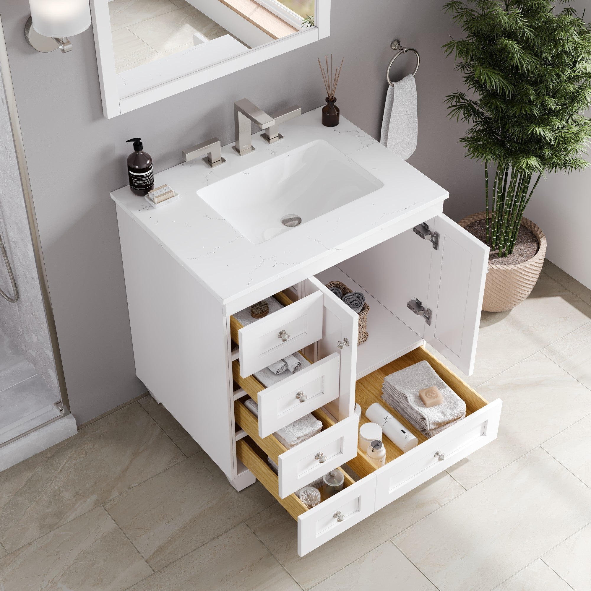 Acclaim 30 in. White Single Right Sink Bath Vanity with Carrara Quartz Top and Undermount Porcelain Sink