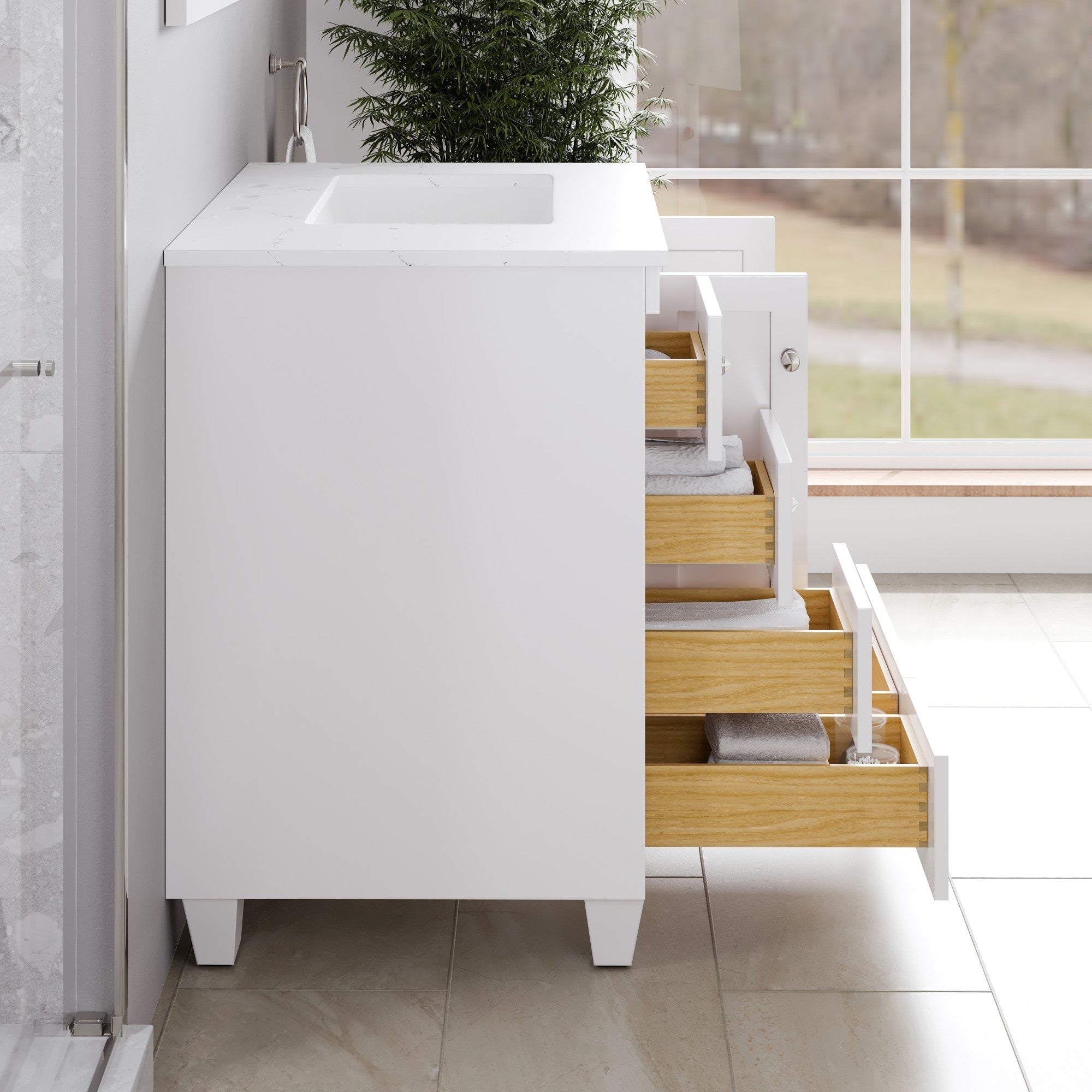 Acclaim 30 in. White Single Right Sink Bath Vanity with Carrara Quartz Top and Undermount Porcelain Sink