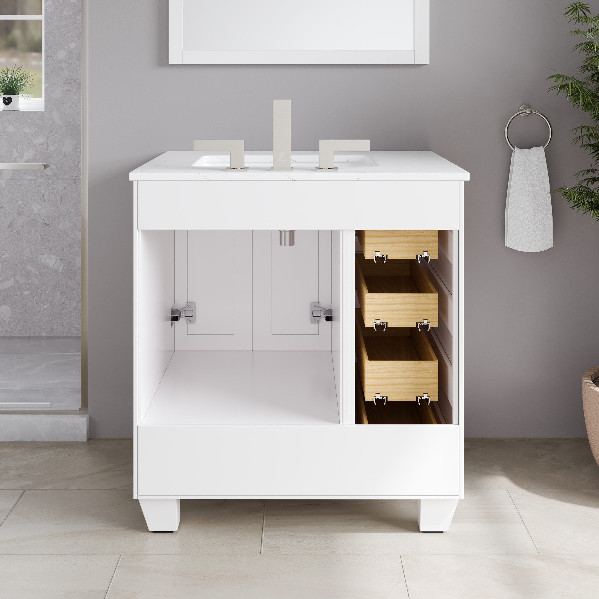 Acclaim 30 in. White Single Right Sink Bath Vanity with Carrara Quartz Top and Undermount Porcelain Sink