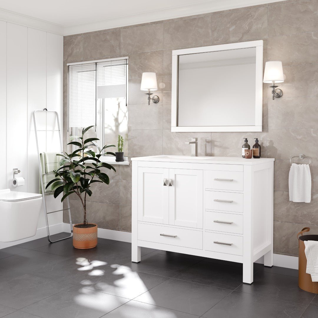 London 42 in. White Single Sink Bath Vanity with Carrara Quartz Top & Left Undermount Sink - Bathroom Vanity by Eviva