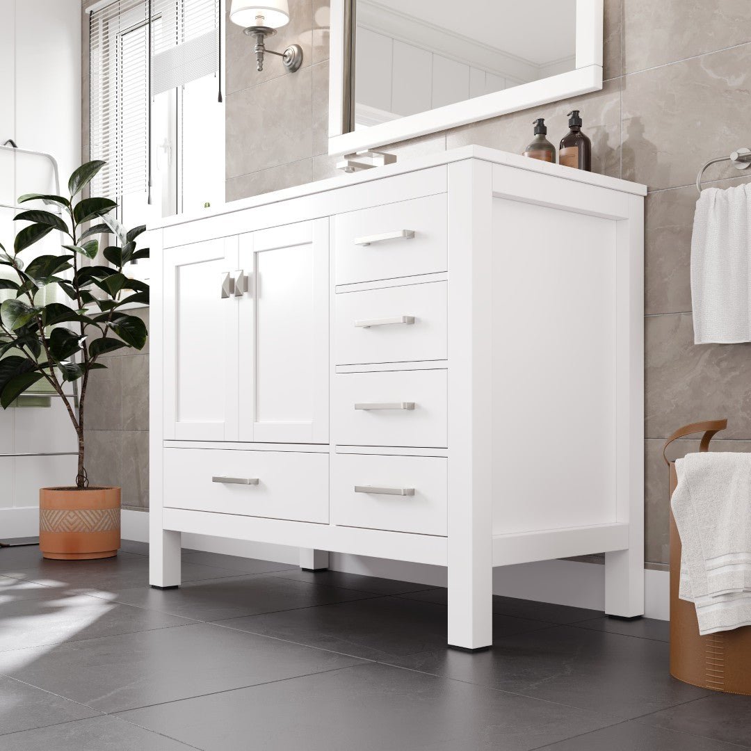 London 42 in. White Single Sink Bath Vanity with Carrara Quartz Top & Left Undermount Sink - Bathroom Vanity by Eviva