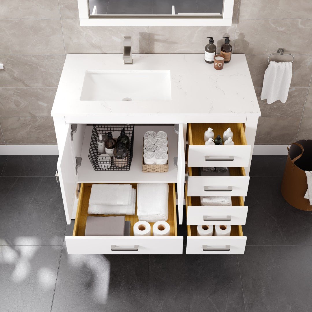London 42 in. White Single Sink Bath Vanity with Carrara Quartz Top & Left Undermount Sink - Bathroom Vanity by Eviva