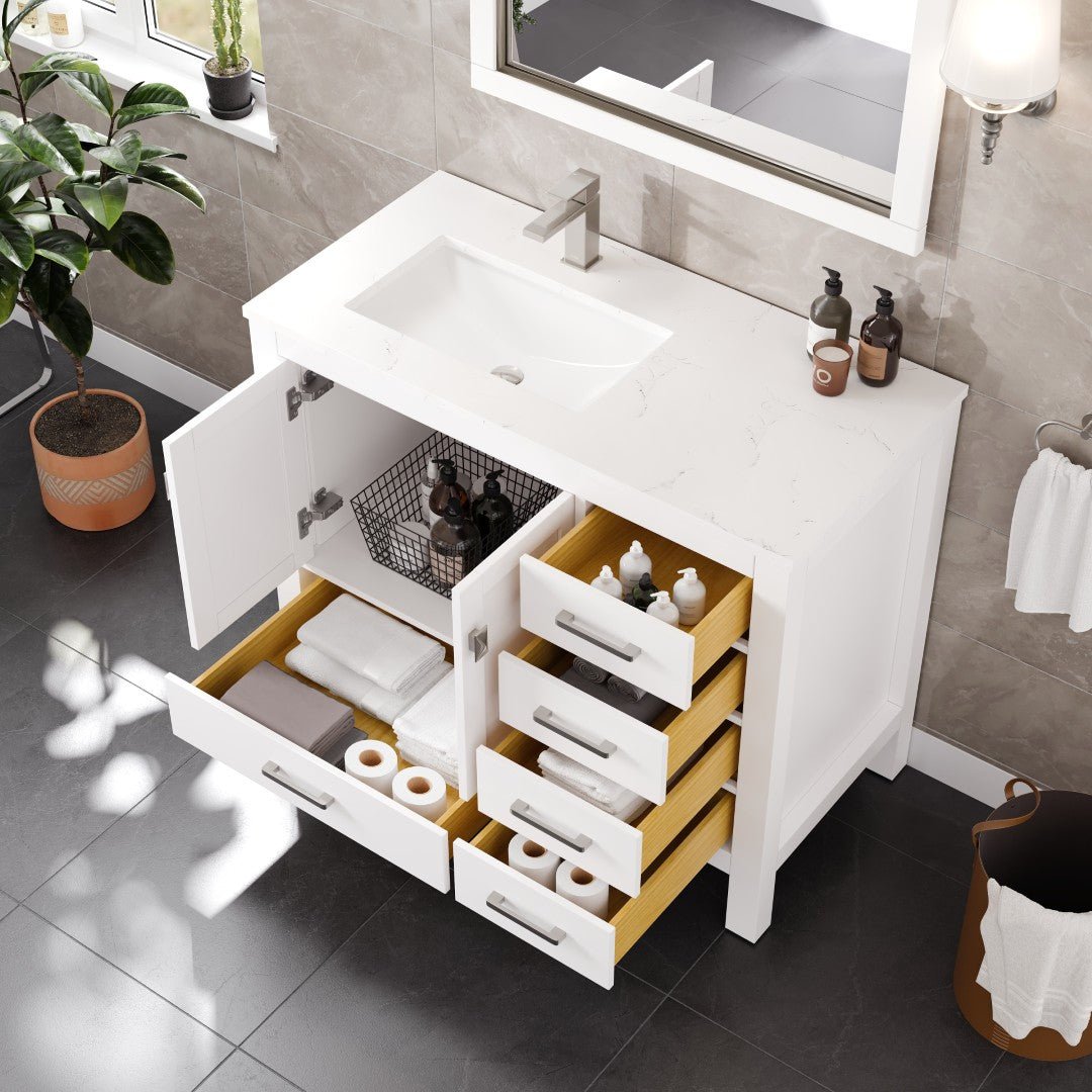 London 42 in. White Single Sink Bath Vanity with Carrara Quartz Top & Left Undermount Sink - Bathroom Vanity by Eviva