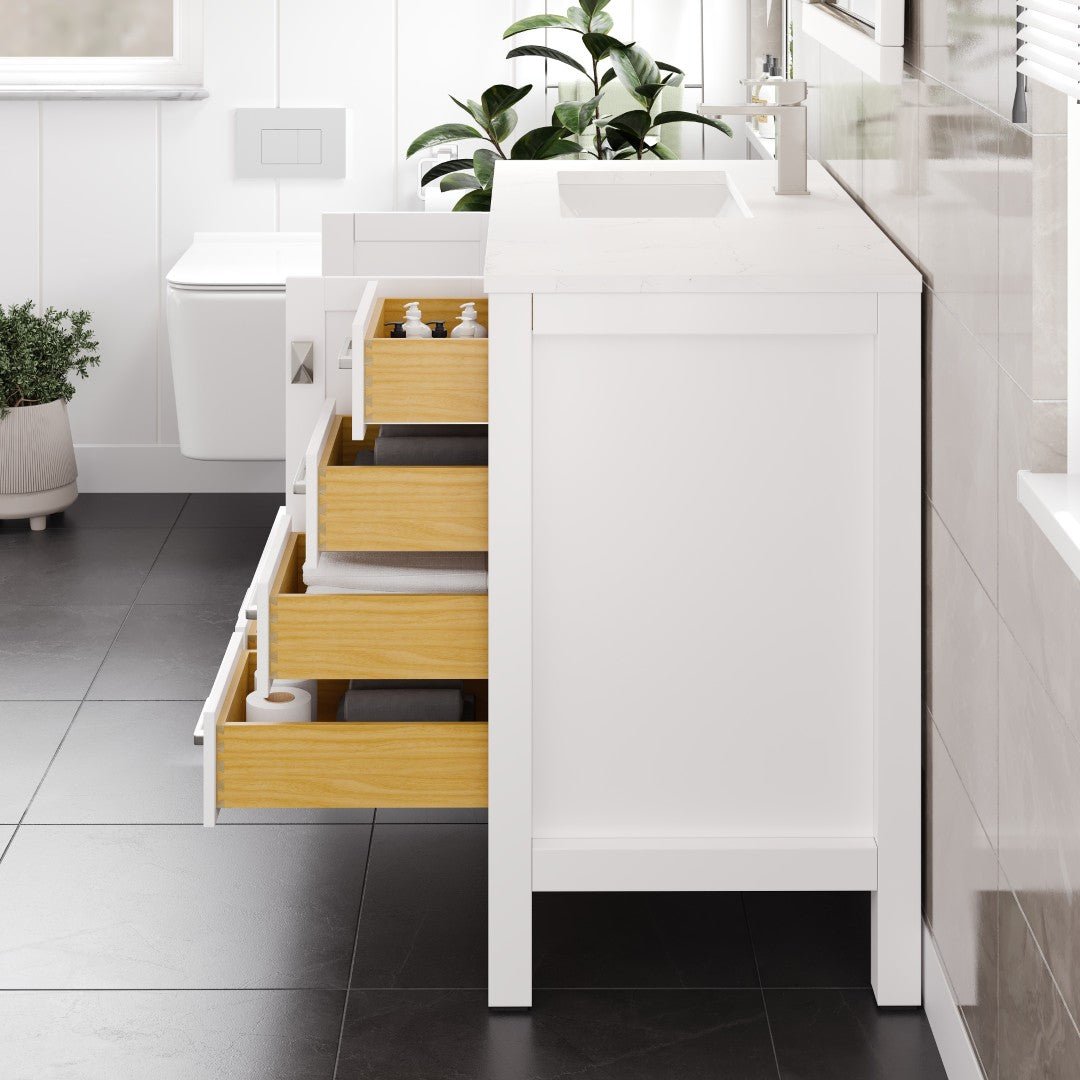 London 42 in. White Single Sink Bath Vanity with Carrara Quartz Top & Left Undermount Sink - Bathroom Vanity by Eviva