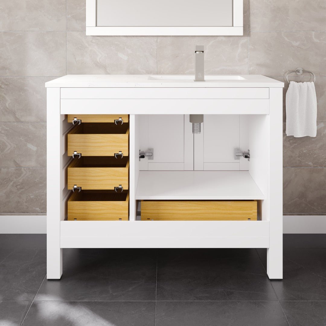 London 42 in. White Single Sink Bath Vanity with Carrara Quartz Top & Left Undermount Sink - Bathroom Vanity by Eviva