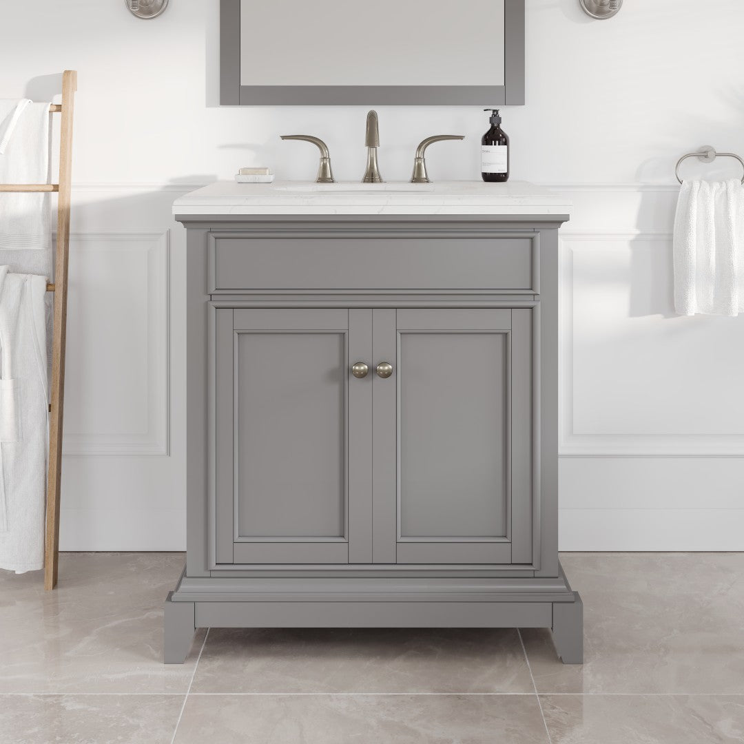Elite Stamford 30 in. Gray Single Sink Bath Vanity with Carrara Quartz Top and Undermount Porcelain Sink