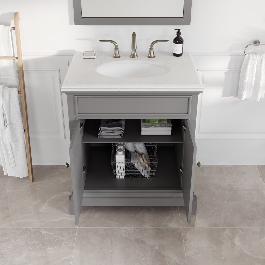 Elite Stamford 30 in. Gray Single Sink Bath Vanity with Carrara Quartz Top and Undermount Porcelain Sink