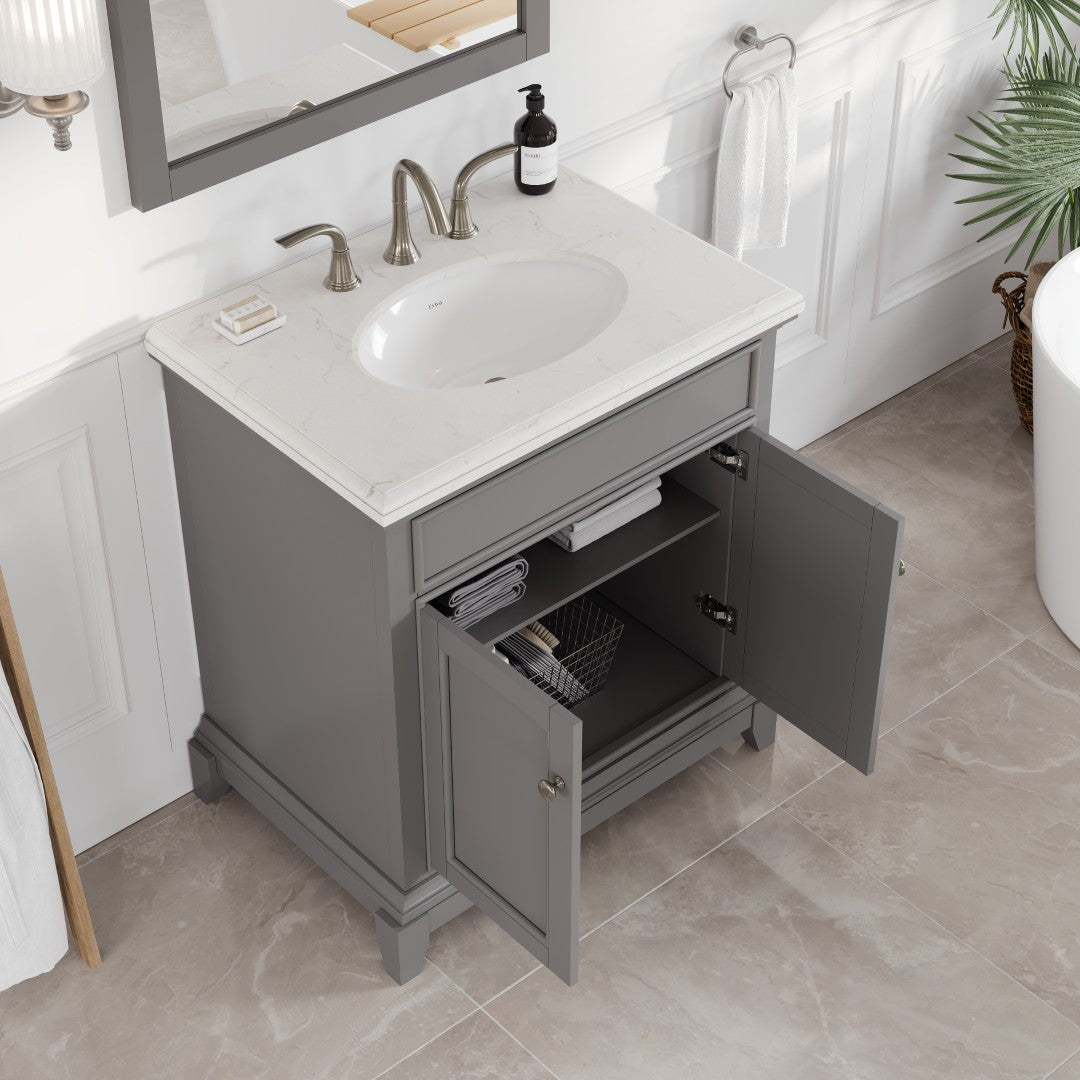 Elite Stamford 30 in. Gray Single Sink Bath Vanity with Carrara Quartz Top and Undermount Porcelain Sink