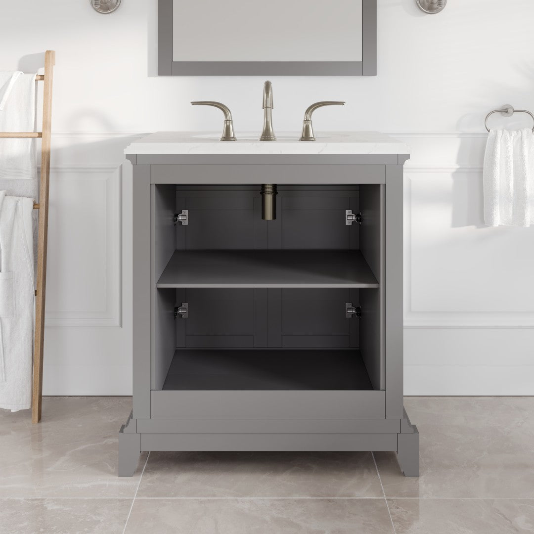 Elite Stamford 30 in. Gray Single Sink Bath Vanity with Carrara Quartz Top and Undermount Porcelain Sink