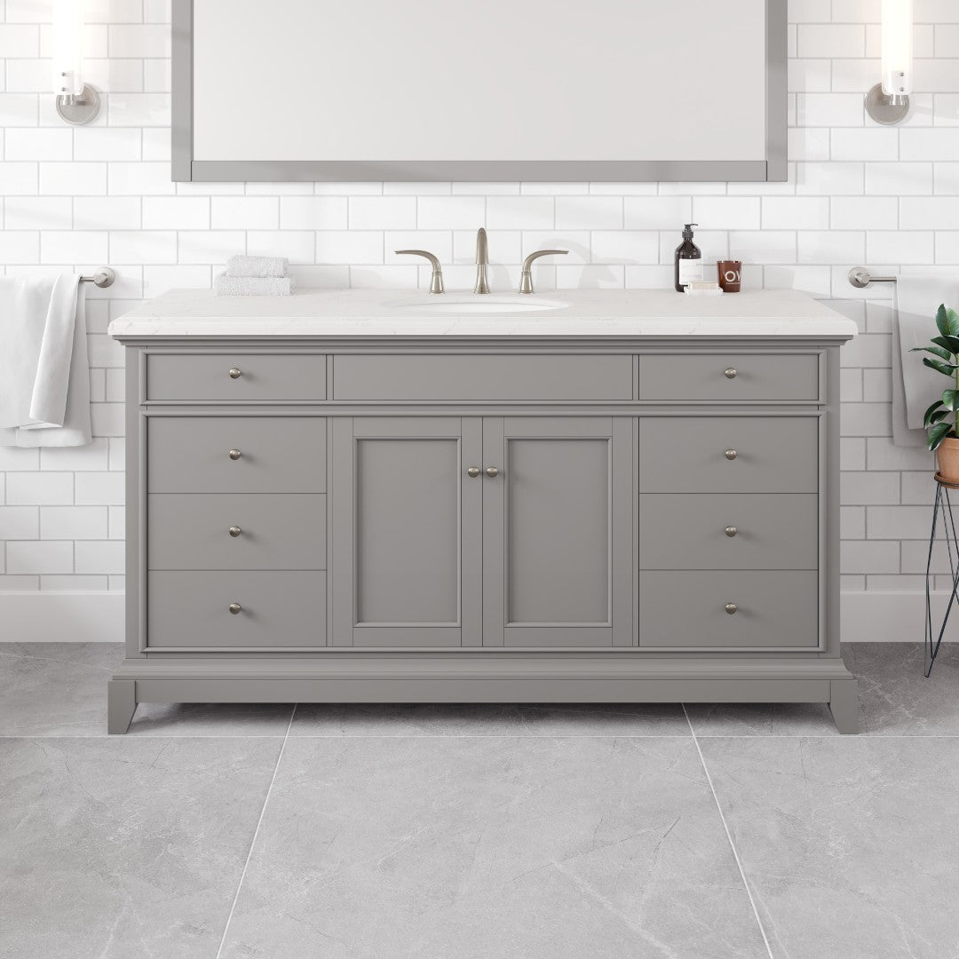 Elite Stamford 60 in. Gray Single Sink Bath Vanity with Carrara Quartz Top and Undermount Porcelain Sink
